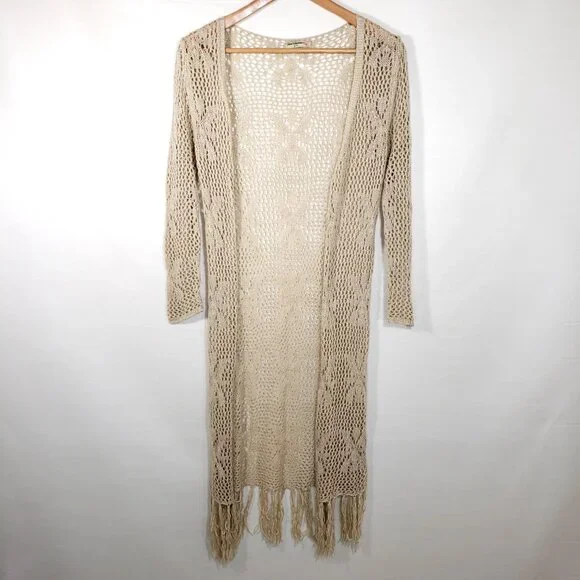 Y2K Vintage Western Boho Fringe Open Knit Duster Cardigan Sweater in light brown - Picture 6 of 7